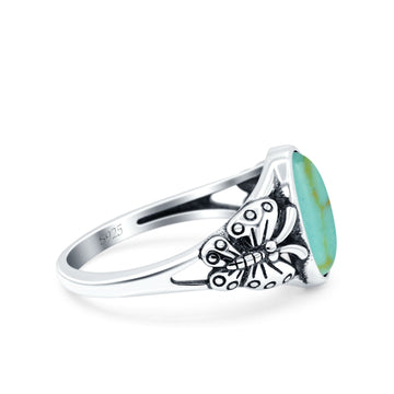 Petite Dainty Butterfly Lab Opal Ring Solid Oval Oxidized Simulated Turquoise 925 Sterling Silver